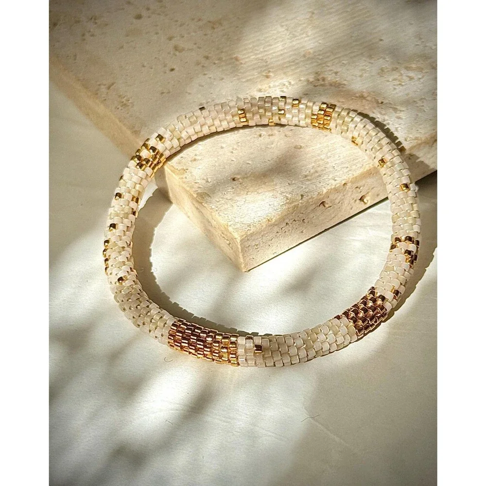 Handmade Miyuki Delica Bead Bracelet White 24k Gold Crochet Rope Artisan Gift
